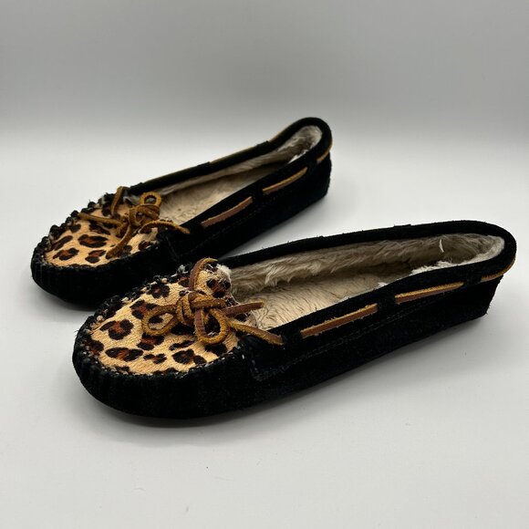 Minnetonka Slippers 7 Animal Print Calf Hair Moccasin Faux Fur Suede - Picture 1 of 10